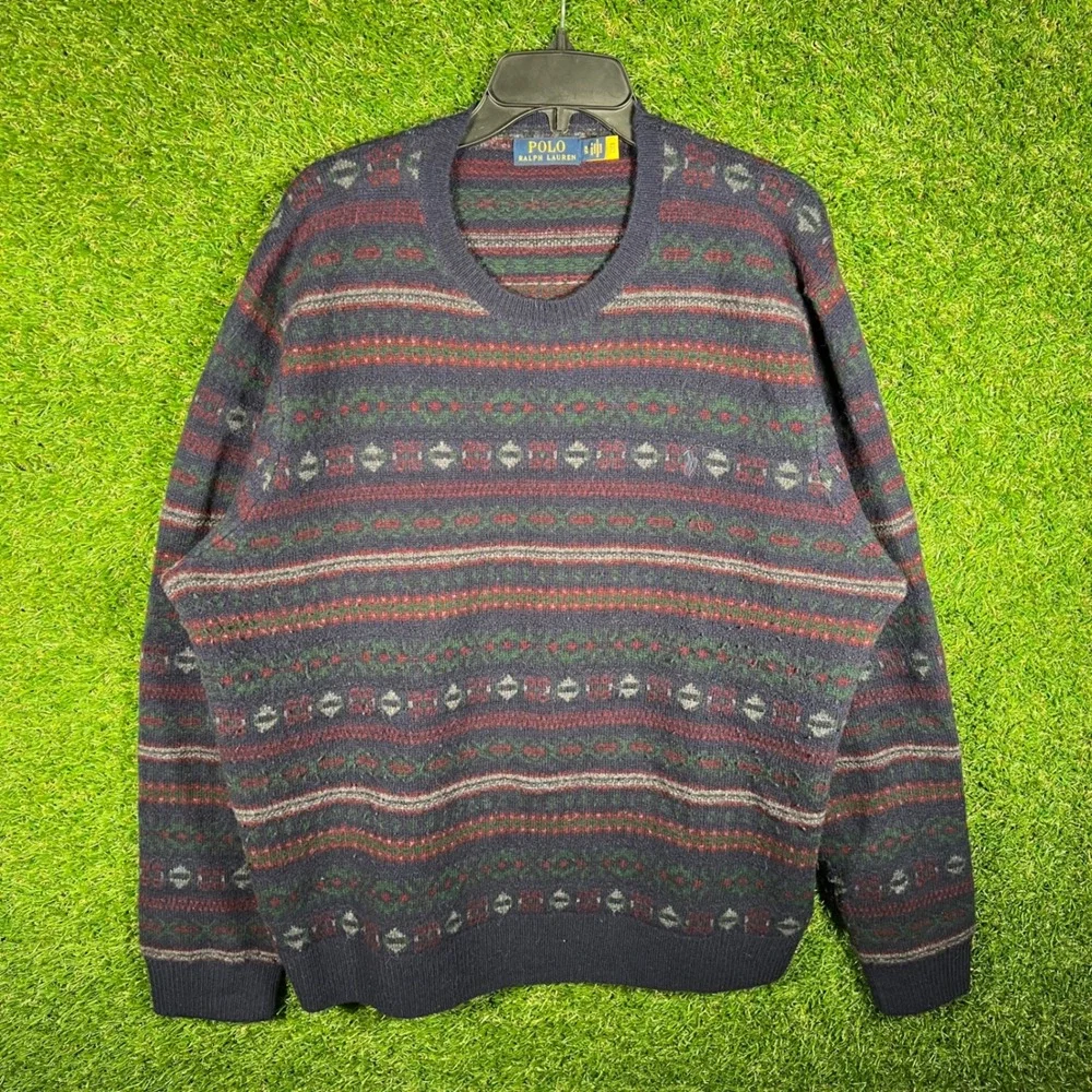 Polo Ralph Lauren XL Mens Fair‎ Isle Crewneck Sweater Navy Blue Burgundy